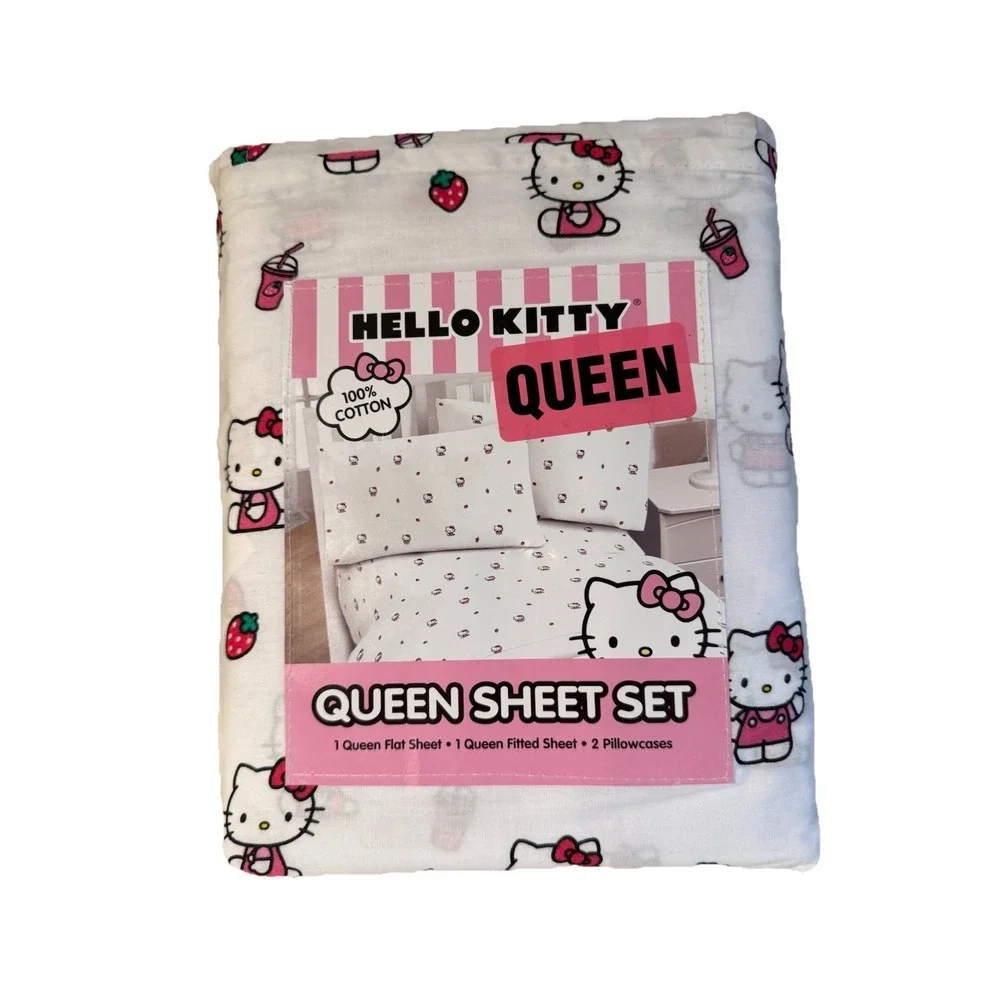 Hello‎ Kitty Strawberry Milk Queen Sheet Set (4) Pieces **NEW**